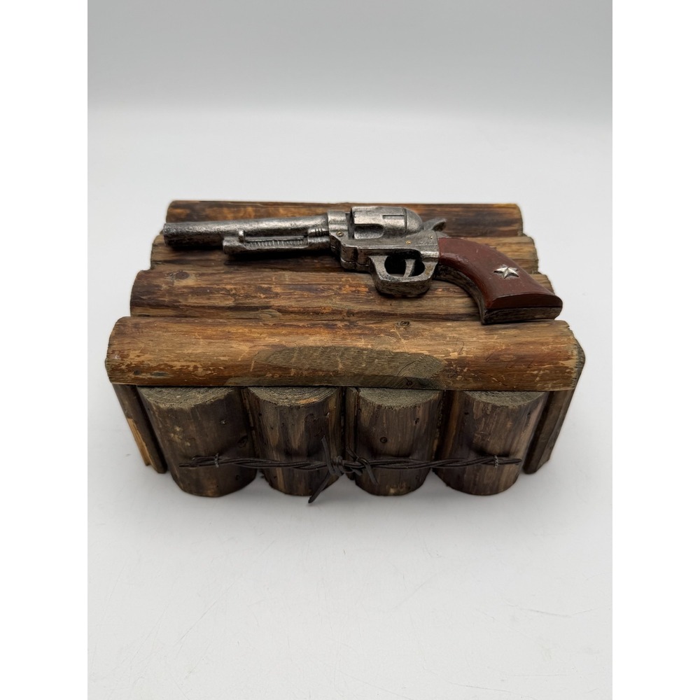 Hobby Lobby Western Revolver Pistol Log Wooden Stash Box Barbed Wire AS IS